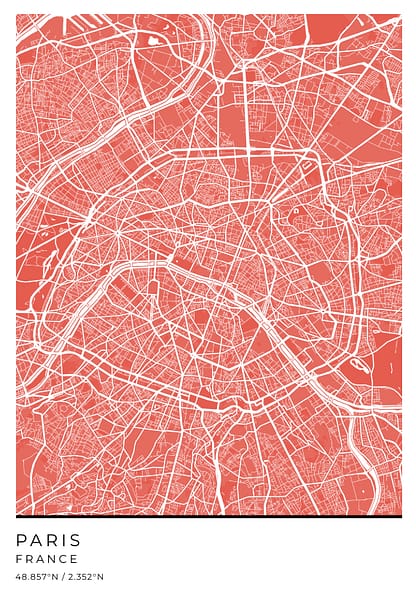 Paris Red White Map Poster