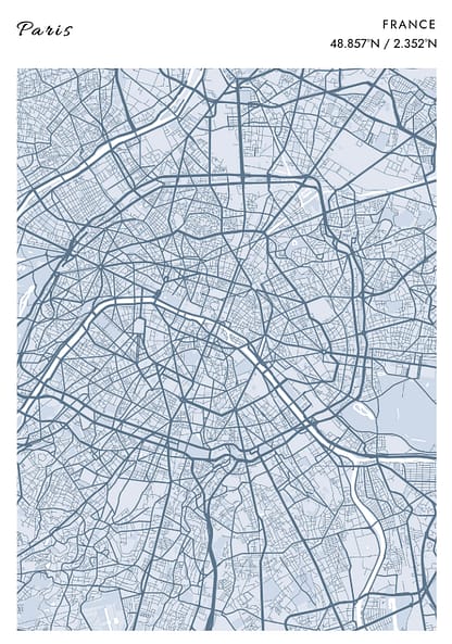 Paris Steel Blue Map Poster