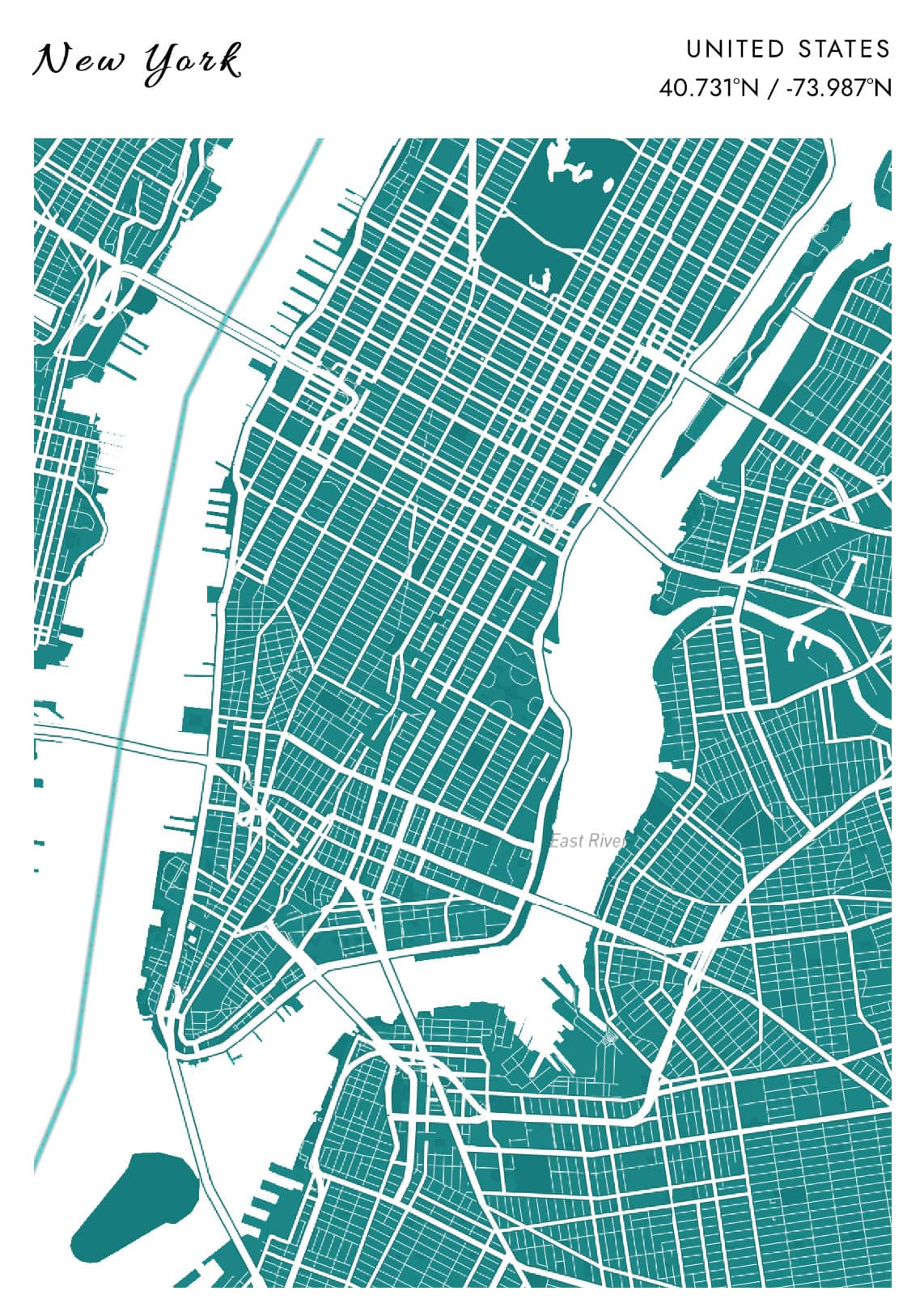 New York Green and White Map Poster - Poster Star