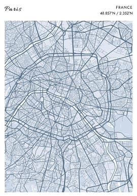 Paris Steel Blue Map Poster